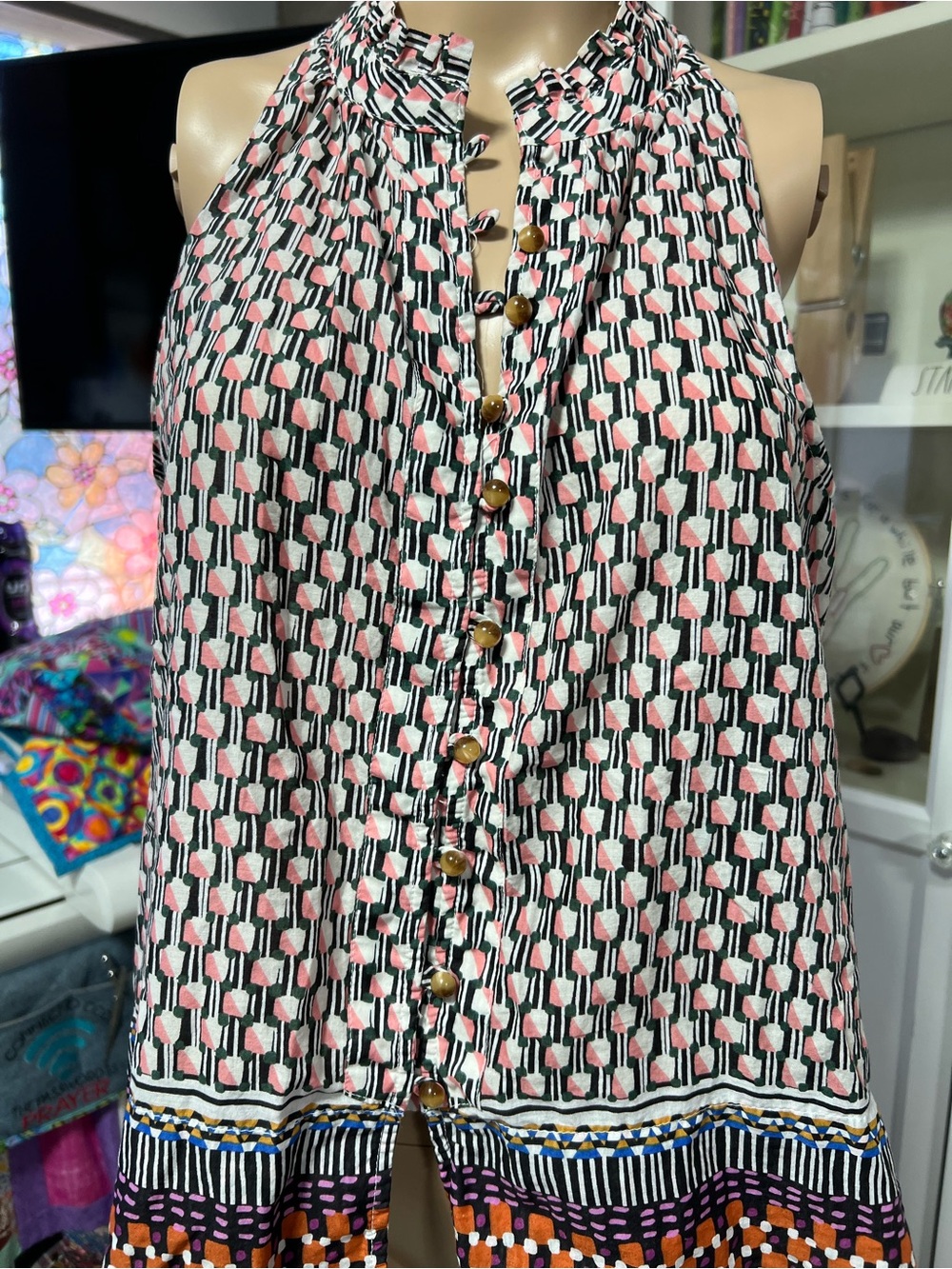 Maeve Pink Black White Patterned Halter Camisole with Button Front